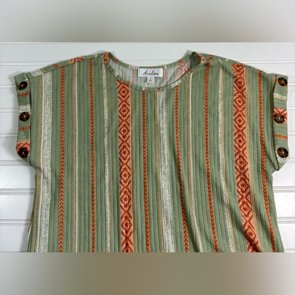Anneliese Boho Stripe Knit Top Short Sleeve Shirt Women’s Size Small Green - Picture 10 of 15